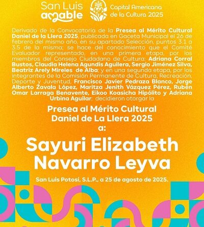 Sayuri Elizabeth Navarro Leyva, ganadora de la Presea al Mérito Cultural “Daniel García Álvarez de la Llera”