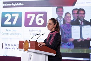 Presidenta Claudia Sheinbaum resalta aprobación de 27 Reformas Constitucionales y 76 Reformas Legales que recuperan el sentido social y la soberanía  en la Constitución