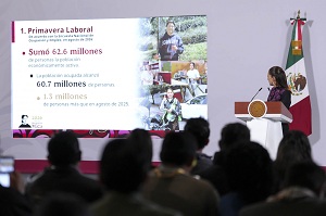 Entre agosto de 2025 y agosto 2026, 1.3 millones de personas obtuvieron un empleo:Presidenta Claudia Sheinbaum resalta primavera laboral en México